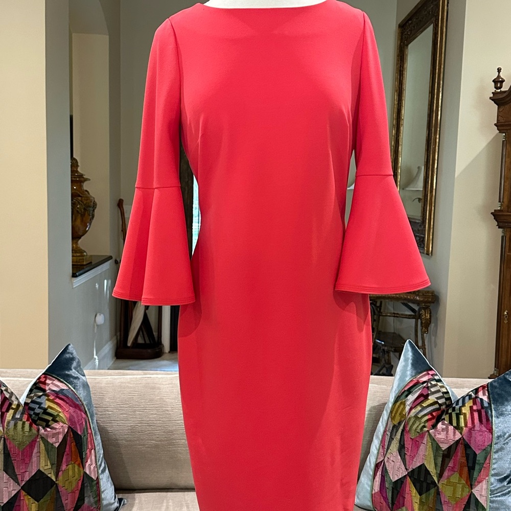 Elegant Coral Bell Sleeve Dress